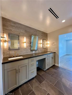 Bathroom, Dual Sink Vanities, Interior, Recessed Lighting, Wooden Walls