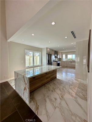 Interior, Kitchen, Marble, Recessed Lighting, Stainless Steel Appliances