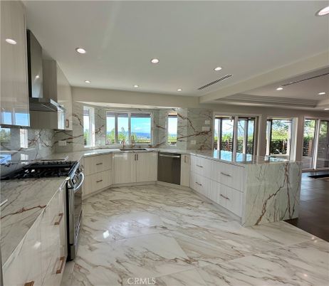 Interior, Kitchen, Marble, Marble Walls, Recessed Lighting, Stainless Steel Appliances