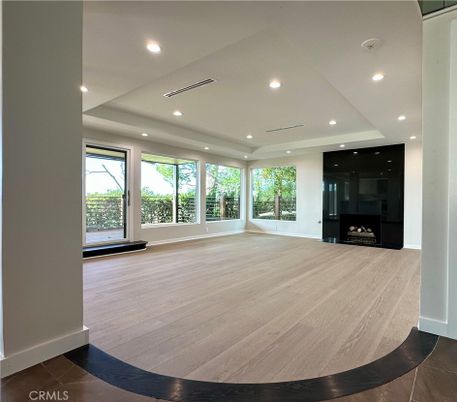 Empty room, Fireplace, Interior, Recessed Lighting, Wood Texture Flooring