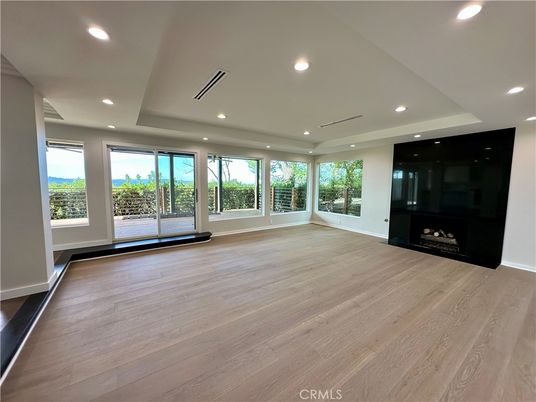 Empty room, Fireplace, Interior, Recessed Lighting, Wood Texture Flooring
