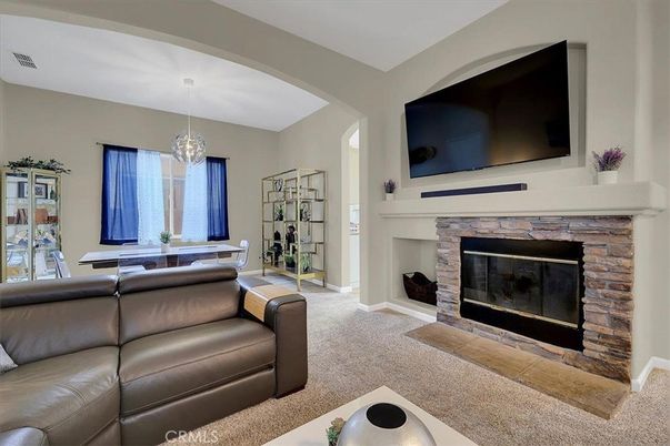 Dining room, Fireplace, Interior, Living room, Pendant Lights