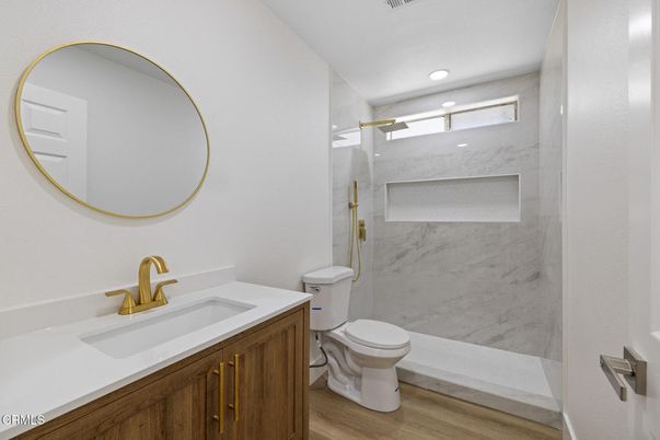 Bathroom, Interior, Marble Walls, Recessed Lighting, Wood Texture Flooring