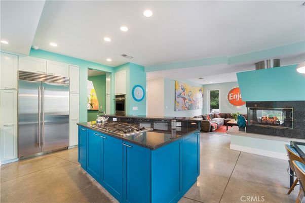 Fireplace, Interior, Kitchen, Living room, Recessed Lighting, Stainless Steel Appliances