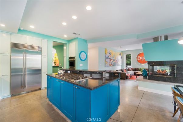 Fireplace, Interior, Kitchen, Living room, Recessed Lighting, Stainless Steel Appliances