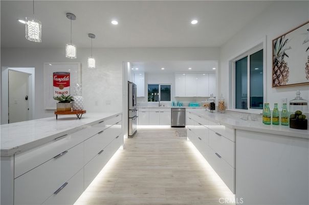 Interior, Kitchen, Pendant Lights, Recessed Lighting, Stainless Steel Appliances, Wood Texture Flooring