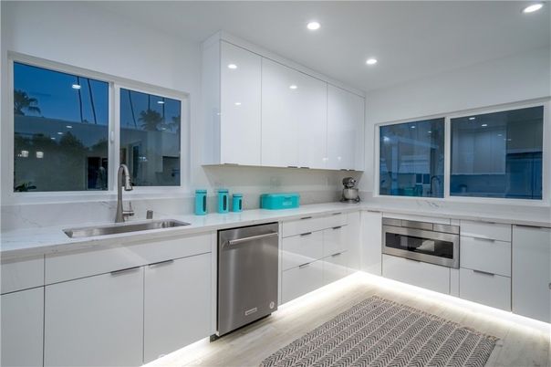 Interior, Kitchen, Recessed Lighting, Stainless Steel Appliances, Wood Texture Flooring