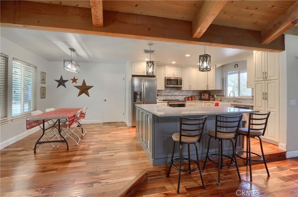 Interior, Kitchen, Pendant Lights, Recessed Lighting, Stainless Steel Appliances, Wooden Beams, Wooden Ceilings, Wood Texture Flooring
