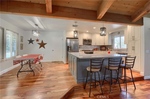 Interior, Kitchen, Pendant Lights, Recessed Lighting, Stainless Steel Appliances, Wooden Beams, Wooden Ceilings, Wood Texture Flooring