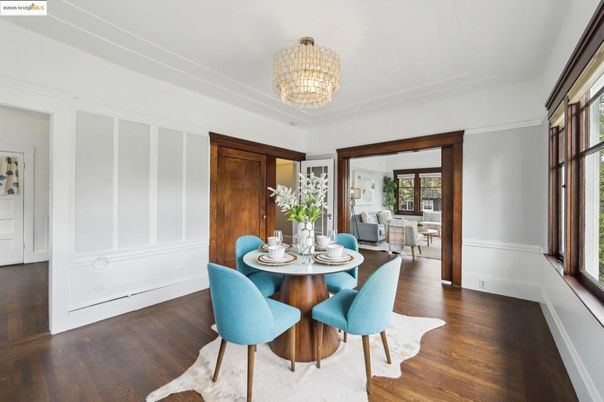 Chandelier, Dining room, Interior, Wood Texture Flooring