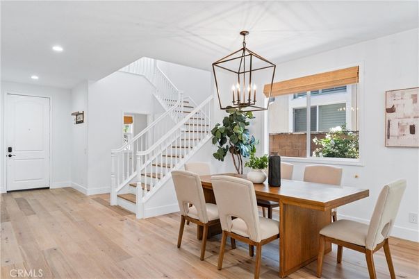 Dining room, Interior, Pendant Lights, Recessed Lighting, Wood Texture Flooring