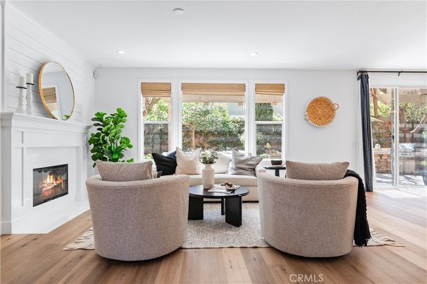 Fireplace, Interior, Living room, Recessed Lighting, Wood Texture Flooring
