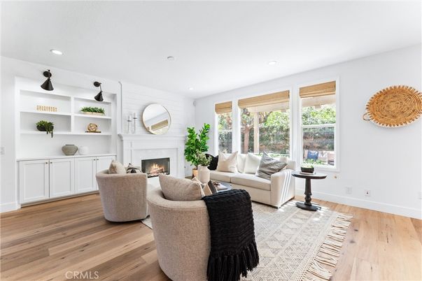 Fireplace, Interior, Living room, Recessed Lighting, Wood Texture Flooring