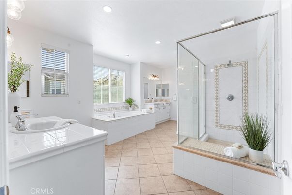 Bathroom, Dual Sink Vanities, Glass Shower, Interior, Recessed Lighting, Tile Countertops
