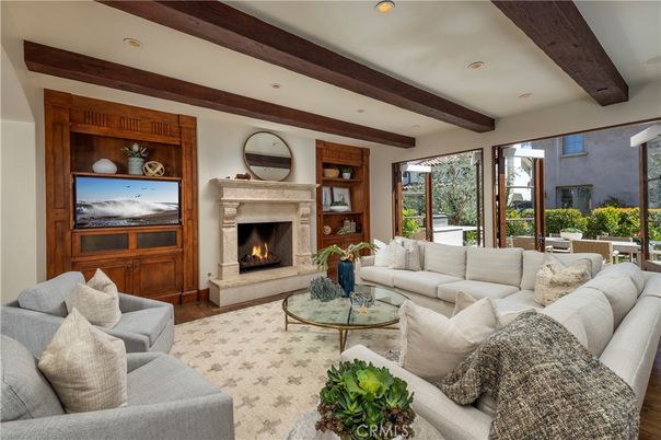 Fireplace, Interior, Living room, Recessed Lighting, Wooden Beams, Wood Texture Flooring