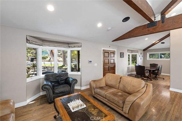 Dining room, Interior, Living room, Recessed Lighting, Wooden Beams, Wood Texture Flooring