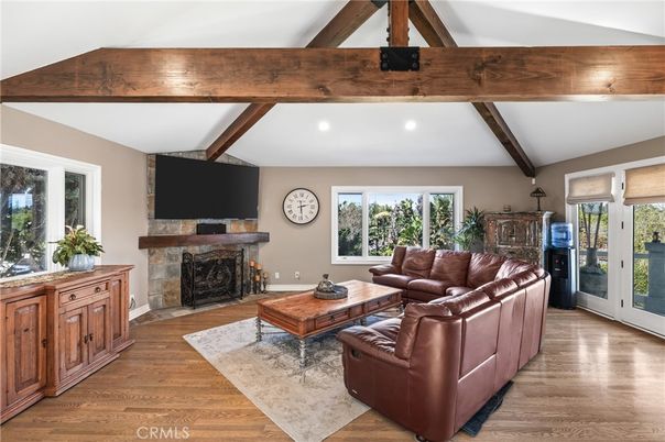 Fireplace, Interior, Living room, Recessed Lighting, Wooden Beams, Wood Texture Flooring