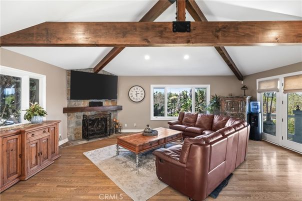 Fireplace, Interior, Living room, Recessed Lighting, Wooden Beams, Wood Texture Flooring