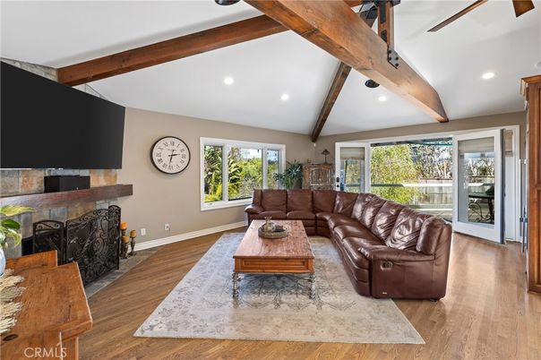 Fireplace, Interior, Living room, Recessed Lighting, Wooden Beams, Wood Texture Flooring