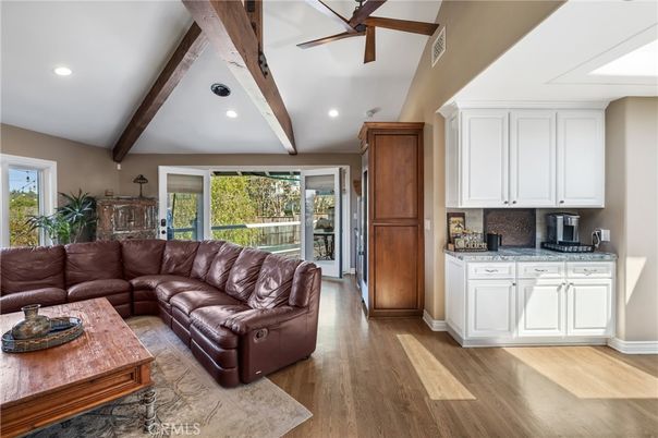 Interior, Kitchen, Living room, Recessed Lighting, Wooden Beams, Wood Texture Flooring