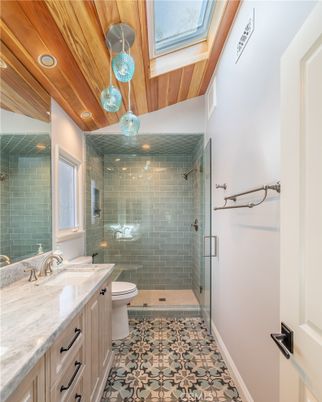Bathroom, Glass Shower, Interior, Pendant Lights, Recessed Lighting, Wooden Ceilings
