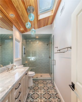 Bathroom, Glass Shower, Interior, Pendant Lights, Recessed Lighting, Wooden Ceilings