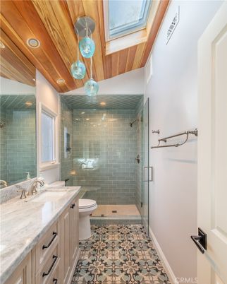 Bathroom, Glass Shower, Interior, Pendant Lights, Recessed Lighting, Wooden Ceilings