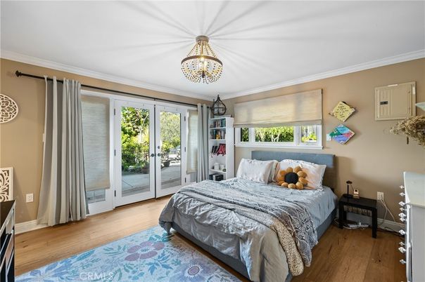Bedroom, Chandelier, Interior, Wood Texture Flooring