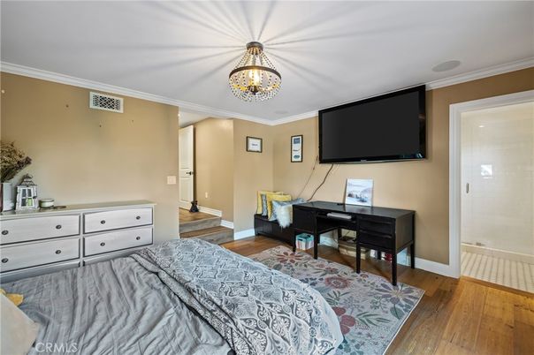 Bedroom, Chandelier, Home Office, Interior, Wood Texture Flooring