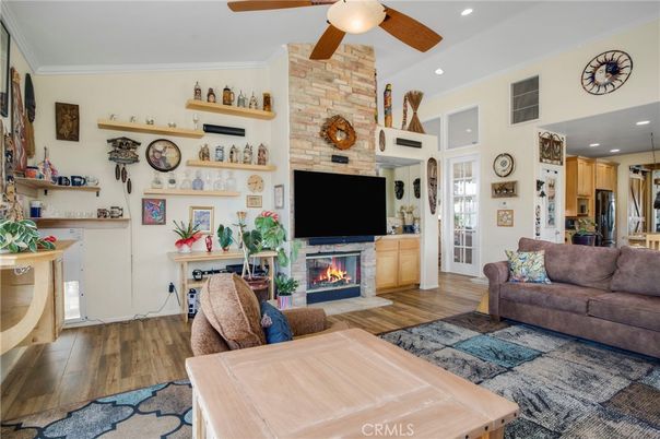 Fireplace, Interior, Kitchen, Living room, Recessed Lighting, Stone Walls, Wood Texture Flooring