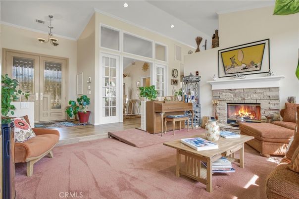 Fireplace, Interior, Living room, Pendant Lights, Piano, Recessed Lighting, Wood Texture Flooring