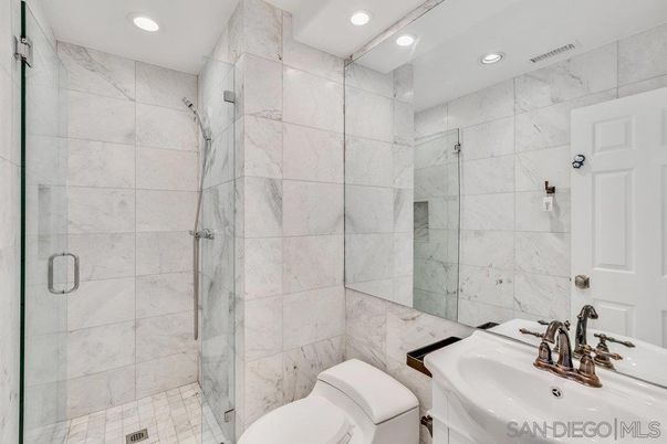 Bathroom, Glass Shower, Interior, Marble Walls, Recessed Lighting