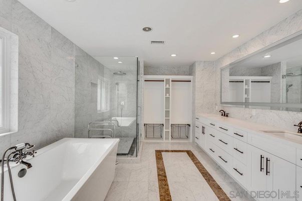 Bathroom, Dual Sink Vanities, Free Standing Baths, Glass Shower, Interior, Marble, Marble Walls, Recessed Lighting