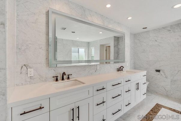 Bathroom, Dual Sink Vanities, Interior, Marble, Marble Walls, Recessed Lighting