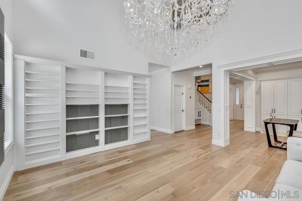 Chandelier, Empty room, Interior, Recessed Lighting, Wood Texture Flooring