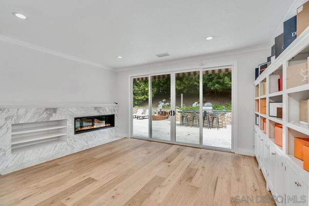Empty room, Fireplace, Interior, Recessed Lighting, Wood Texture Flooring