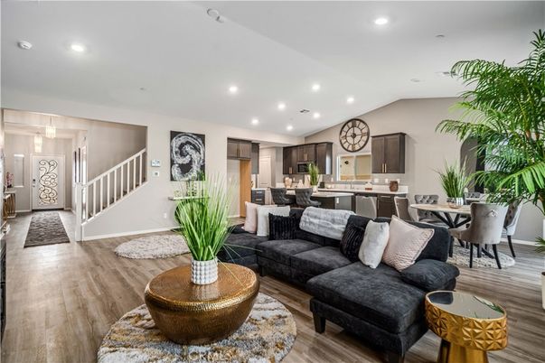 Dining room, Interior, Kitchen, Living room, Pendant Lights, Recessed Lighting, Stainless Steel Appliances, Wood Texture Flooring