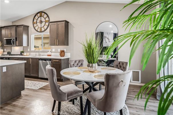Dining room, Interior, Kitchen, Recessed Lighting, Stainless Steel Appliances, Wood Texture Flooring