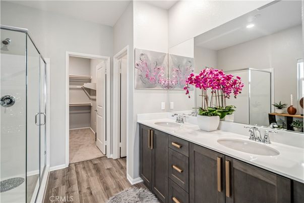 Bathroom, Dual Sink Vanities, Glass Shower, Interior, Recessed Lighting, Walk-in Closets, Wood Texture Flooring