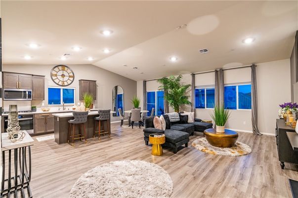 Dining room, Interior, Kitchen, Living room, Recessed Lighting, Stainless Steel Appliances, Wood Texture Flooring