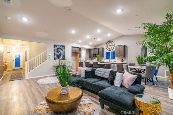 Dining room, Interior, Kitchen, Living room, Recessed Lighting, Stainless Steel Appliances, Wood Texture Flooring