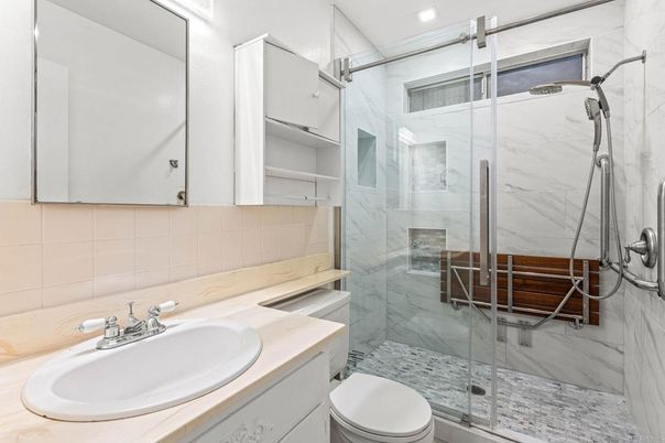 Bathroom, Glass Shower, Interior, Marble Walls, Recessed Lighting