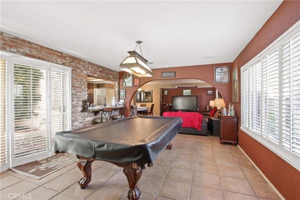 Billiard Table, Game Room, Interior, Pendant Lights, Stone Walls
