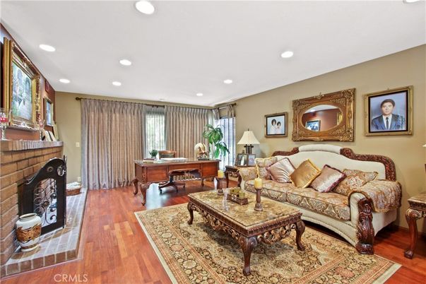 Fireplace, Home Office, Interior, Living room, Recessed Lighting, Wood Texture Flooring