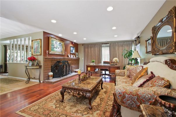 Fireplace, Home Office, Interior, Living room, Recessed Lighting, Wood Texture Flooring