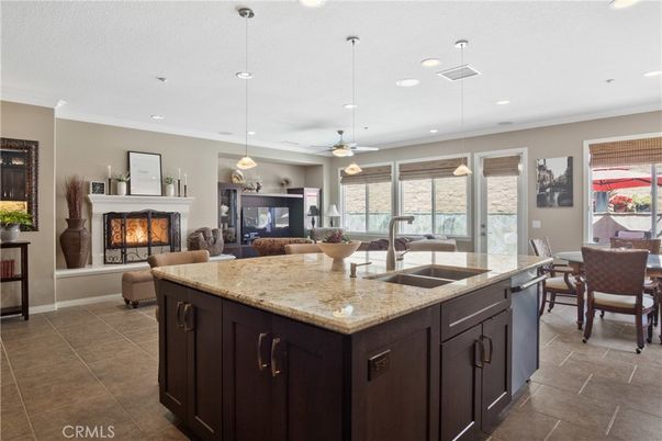 Dining room, Fireplace, Interior, Kitchen, Living room, Pendant Lights, Recessed Lighting