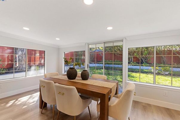 Dining room, Interior, Recessed Lighting, Wood Texture Flooring