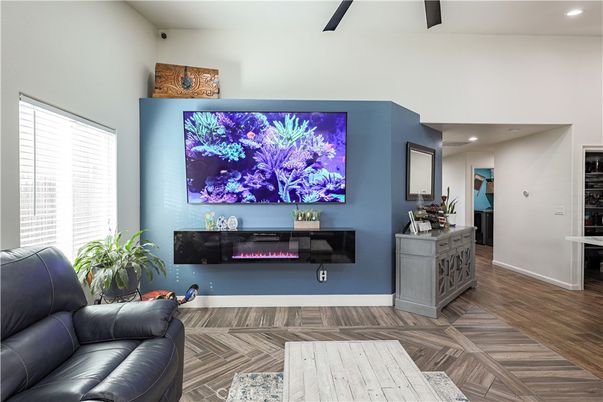Fireplace, Interior, Recessed Lighting, Wood Texture Flooring