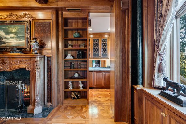Fireplace, Interior, Recessed Lighting, Wood Texture Flooring, Wooden Walls