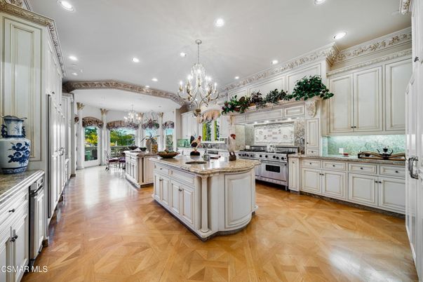 Chandelier, Interior, Kitchen, Recessed Lighting, Stainless Steel Appliances, Wood Texture Flooring